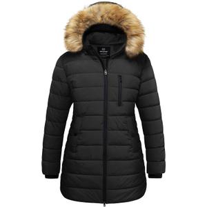 Wantdo Women's Plus Size Winter Coats Warm Long Puffer Coat Quilted Parka Jacket With Removable Fur Hood (4X, Black)
