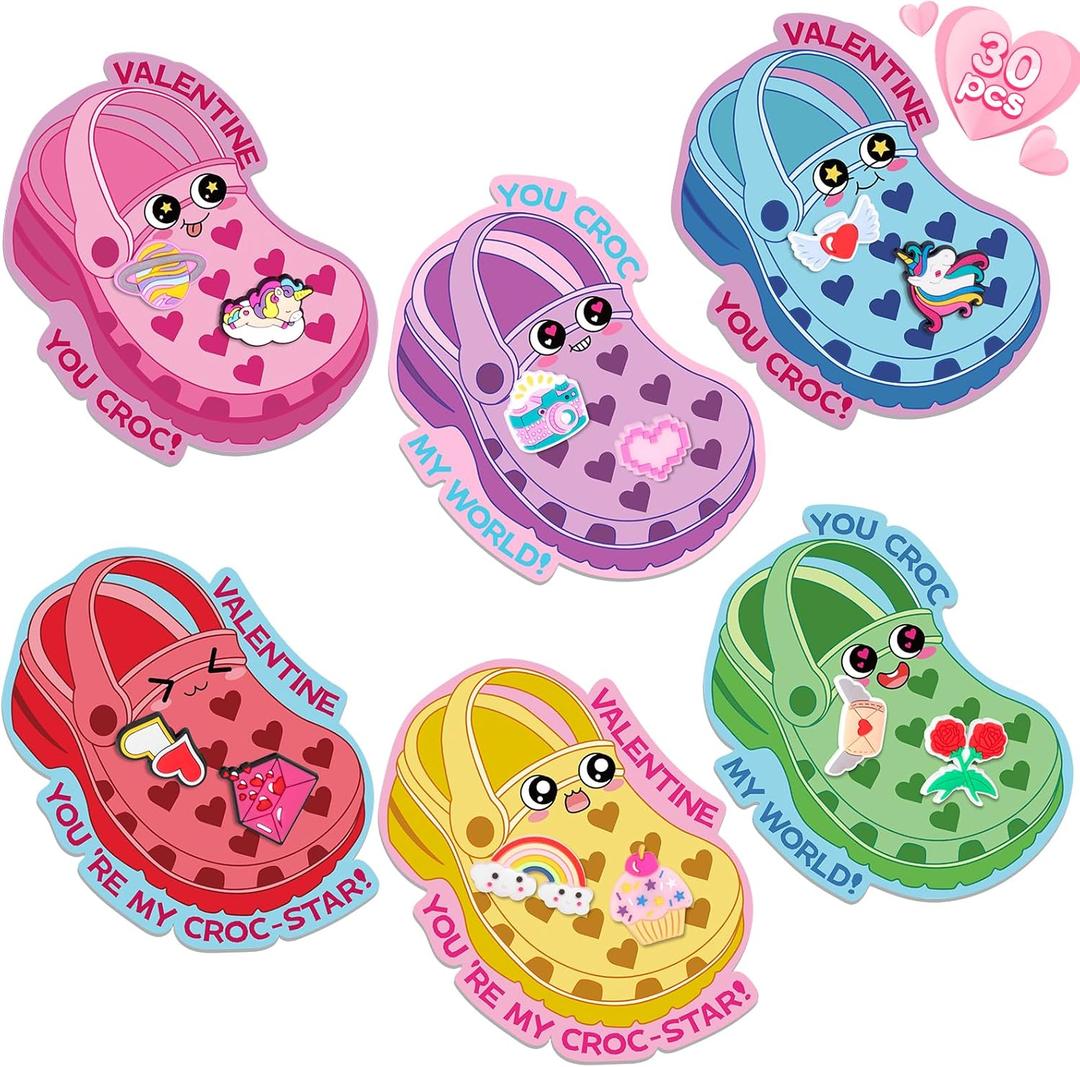 Valentines Day Cards for Kids School-Croc Valentines Cards, Valentines Day Gifts for Kids, 30 PSC Valentine Cards with Shoe Charms for Boys Girls Toddler Classroom Gift Party Favors