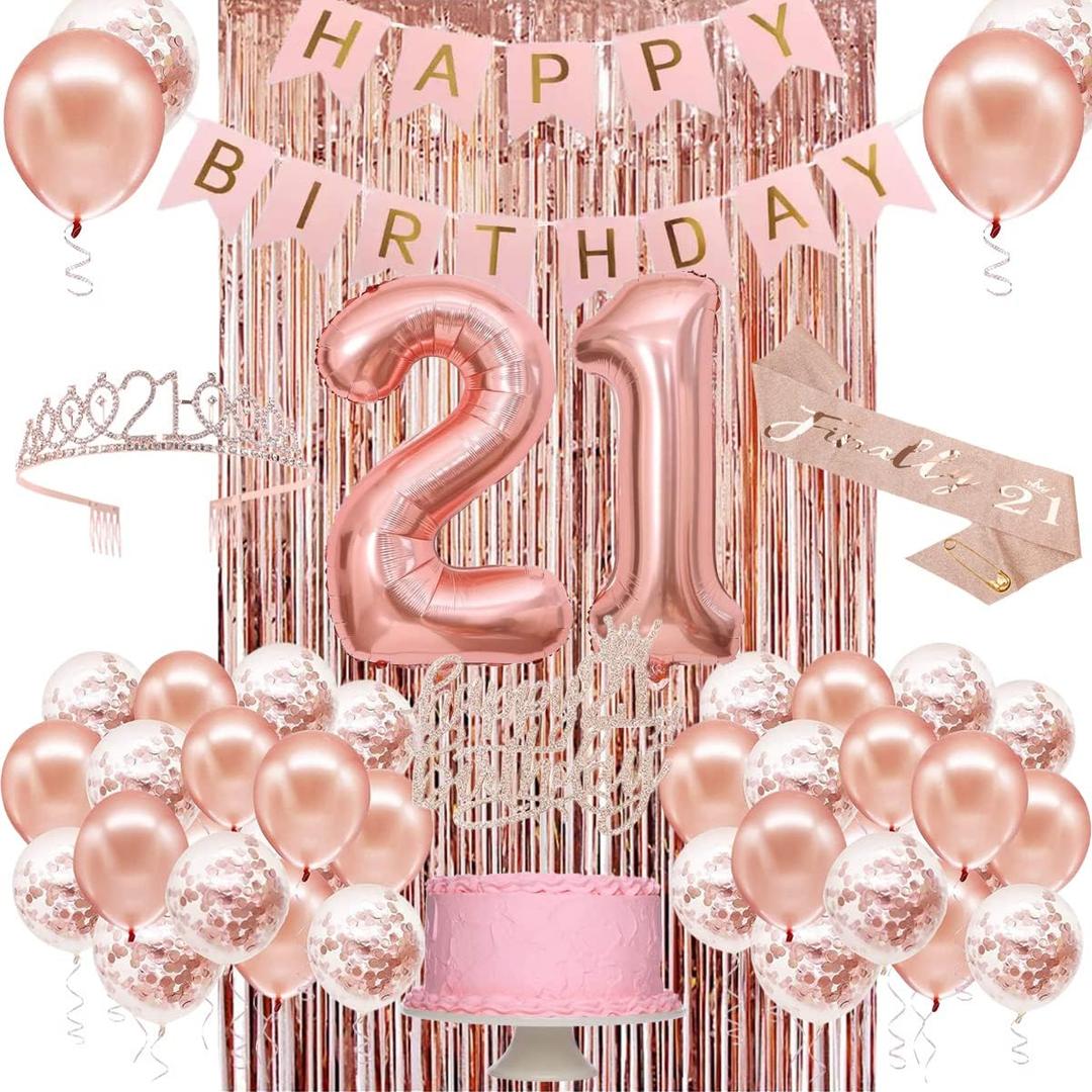 21st Birthday Decorations for Her, Happy 21st Birthday Banner, Crown, Sash, Cake Topper and Number Balloon, Rose Gold 21 Years Old Party Decorations for Her