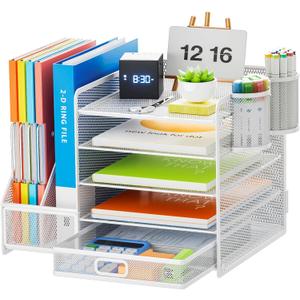 Marbrasse Desk Organiser with File Holder, 5-Tier Paper Letter Tray Organiser with Drawer and 2 Pen Holder, Mesh Desktop Organizer and Storage with Magazine Holder for Office Supplies(White)