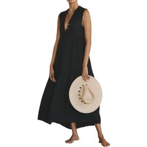 R.Vivimos 2026 Summer Cotton Maxi Dresses for Women Casual Sleeveless Button V Neck Tiered Loose Flowy Beach Long Dress, Size Small