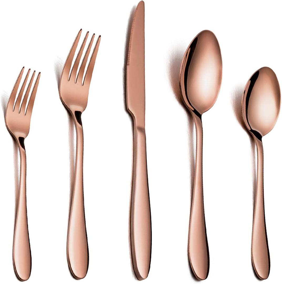 E-far Silverware Set Copper Color Service for 4, 20 Piece Brass Gold Stainless Steel Flatware Cutlery Set, Perfect for Wedding/Party/Restaurant/Hotel, Mirror Polished & Dishwasher Safe