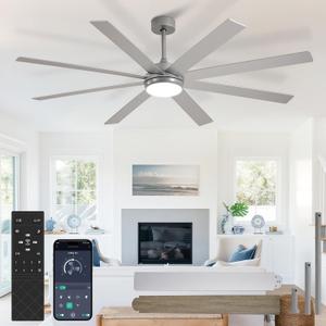 Large Ceiling Fan with Light: 66 Inch Indoor/Outdoor Fan Reversible DC Motor 6 Speed - Dual 8 Blades Big Ceiling Fans with Lights Dimmable 3CCT for Living Room Covered Patio, Silver