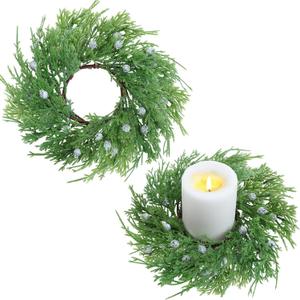 2 Pcs Christmas Cedar Candle Rings Wreaths 4 Inch Juniper Berry Candle Rings for Pillar Artificial Candleholder for Christmas Table Centerpiece Home Decor