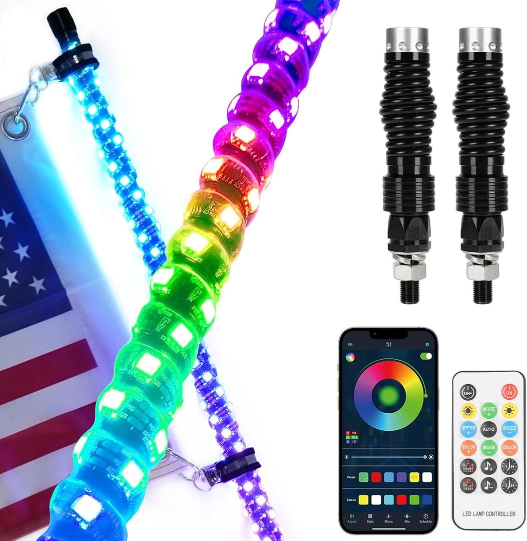(2 Pack) Upgraded 3FT RGB Whip Lights with Anti-Fracture Spring Base, Spiral Led Whip Light with Remote & App ControI, for UTV ATV Jeep Off-Road RZR Polaris Truck Car, and 4X4 Sand Buggy
