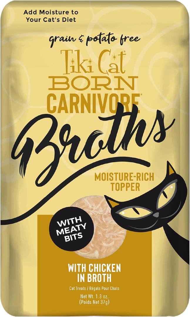 Tiki Cat Born Carnivore Broths, Chicken Recipe, Hydration and Flavor Supplement Cat Food Topper, 1.3 oz. Pouch (12 Count) (EXP 03/05/27)