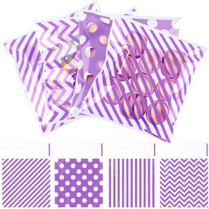 Gersoniel 200 Pcs Cookie Bags, 4 x 4 in Self Sealing Cellophane Treat Bags Plastic Goodie Snack Bag Striped Polka Dot Candy Gift Bag for Spring Mothers Day Wedding Birthday(Purple)