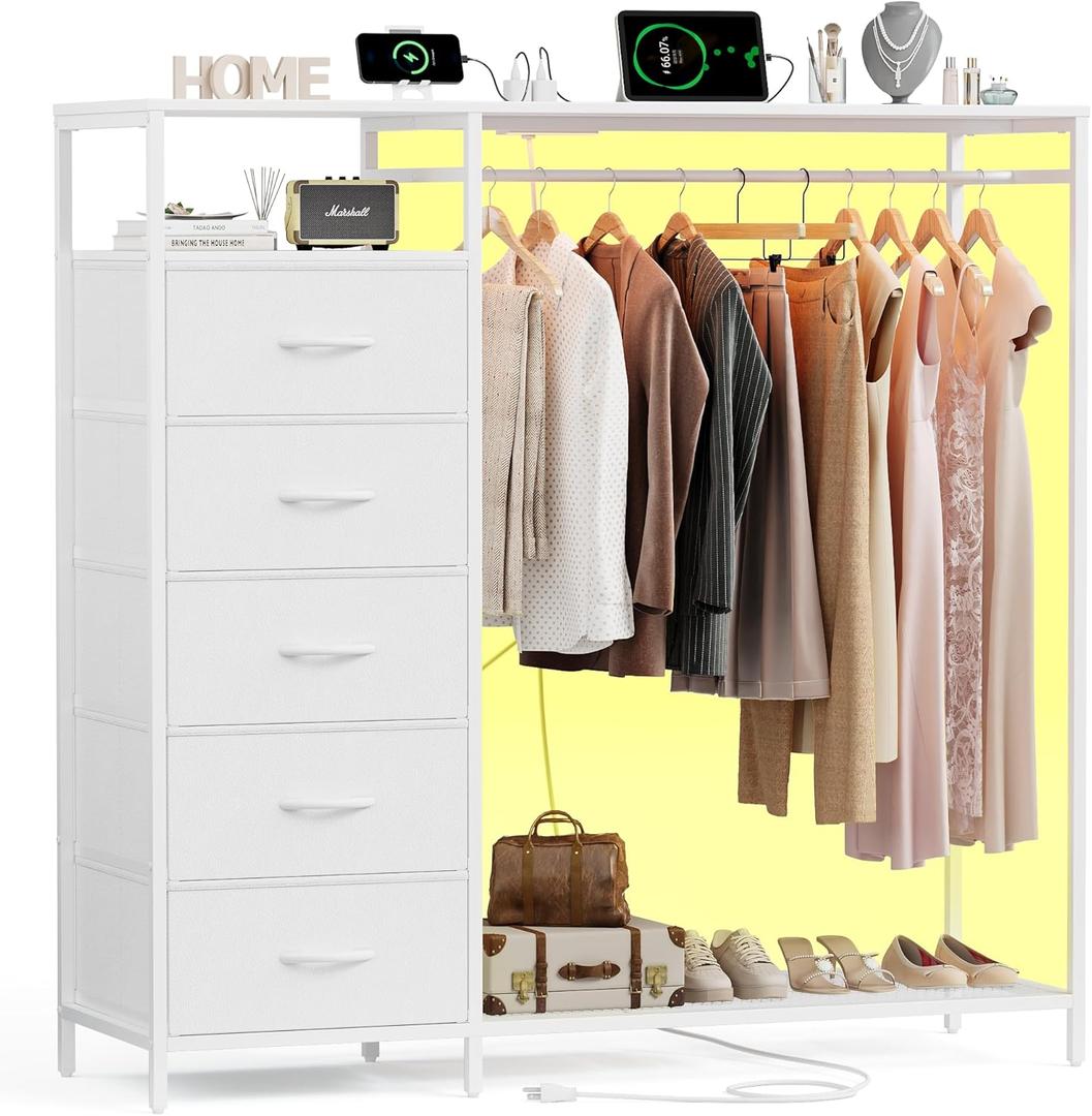 47 Inch White Dresser with LED Lights & Hanging Rack, 5 Drawer Fabric Dresser with Charging Station and Shelves, Tall Closet Organizer for Bedroom Clothes Storage