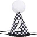 YOUAME Two Fast Birthday Hat for Boys - Race Car Second Birthday Cone Hat, 2nd Year Party Crown, Racing Car Cake Smash Photo Props, Fast Theme Party Decorations in Black and White Checkered Pattern
