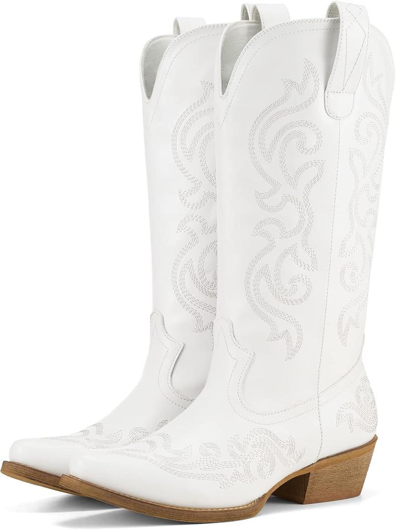 HISEA Rollda Cowboy Boots for Women Western Cowgirl Boots with Chunky Heel Ladies Snip Toe Mid-Calf Boots (10, White)