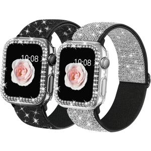 2 Pack Bling Stretchy Watch Bands Compatible with Apple Watch Band 40mm 41mm 44mm 45mm iWatch Series 11 10 9 8 7 6 5 4 SE, Adjustable Nylon Wristband with Shiny Case for Women Girls (Black Silver/Black)