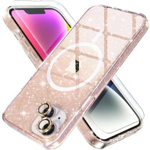 Choiche Magnetic Case for iPhone 14 Plus, Women Clear Glitter Bling Sparkly Case, [2xDiamond Camera Lens Protectors] [2xTempered Glass Screen Protectors] [Compatible MagSafe] (Glitter Gold)
