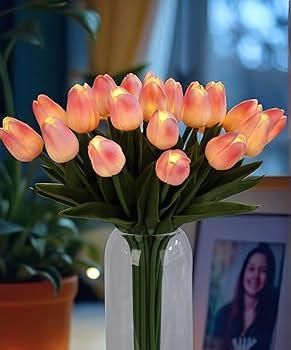 HOMESEASONS 20pcs Tulip Bouquet Lamp Artificial Flower Night Light Real Touch Tulip Night Lamp LED Flower Light Home Kitchen Decor(Pink)