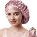 Kaome 100% Mulberry Silk Bonnet for Sleeping Women, 22 Momme Double Layer Silk Hair Wrap, Non-Slip Sleep Cap with Adjustable (Pink)