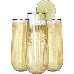 48 Pack Plastic Champagne Flutes Stemless 9 Oz, Ribbed Ripple Gold Rim Unbreakable Champagne Glasses, Elegant Durable Shatterproof Recyclable Glasses Ideal for Wedding Parties