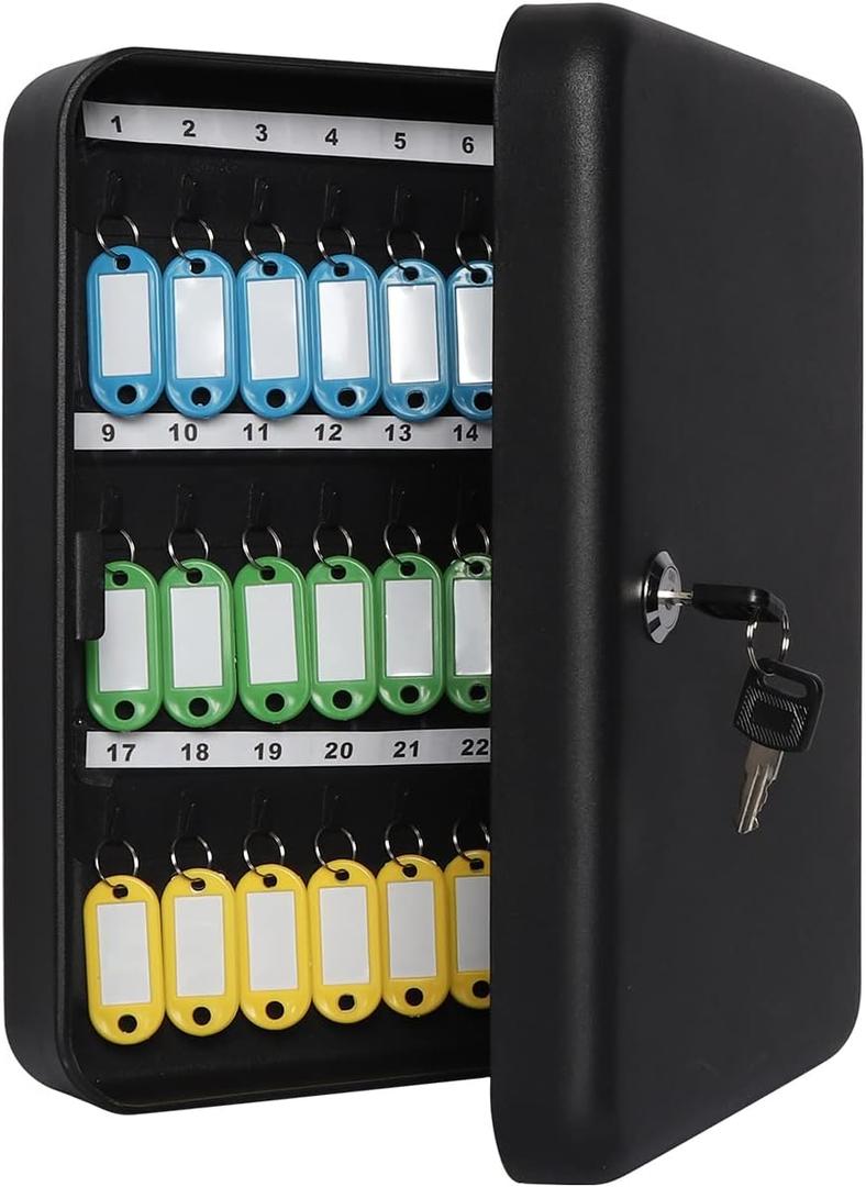 Jssmst Key Lock Box Wall Mount Security Key Storage Box, Locking Key Cabinet Wall Mount with 48 Key Hooks & Tags Key Labels, 11.81 x 9.45 x 2.95 inches, Black Matt