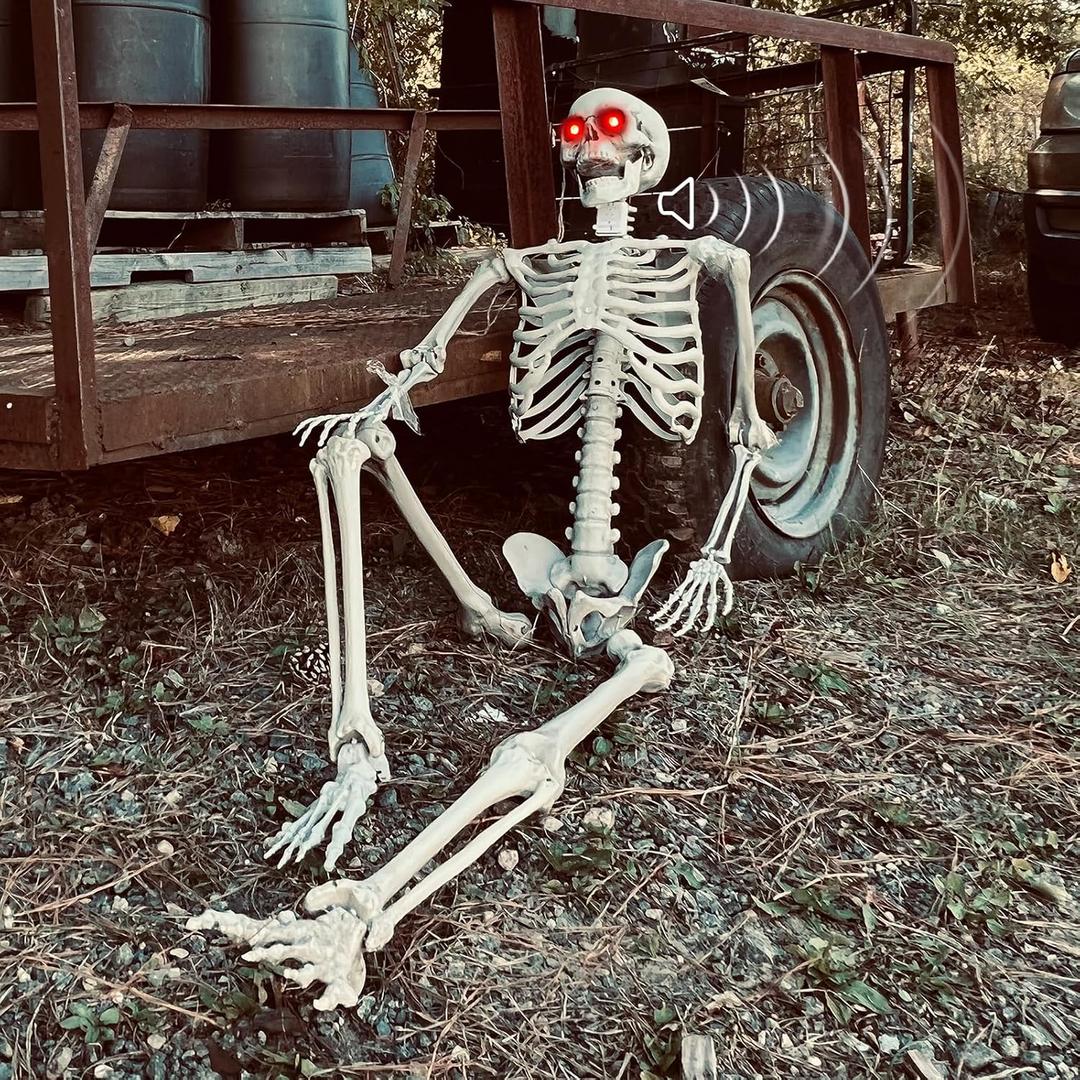 Halloween Skeleton Decorations - 5.5FT Life Size Skeleton Decoration Realistic Pose-n-Stay Human Skeleton with LED Glowing Eyes - Sound Sensor Hanging Props Creepy Sound for Halloween Decorations