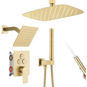 12 Inch Rain Shower System, Brushed Gold Shower Faucet Set with Push Button Diverter, 6 Inch Wall Mounted 3-Functions Bathroom Shower Systems with Dual-Function Handheld