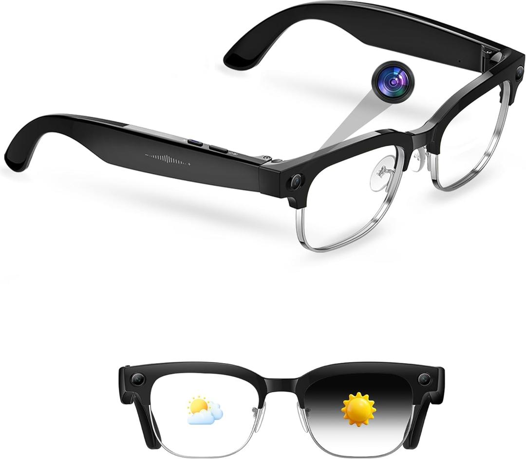 AI Smart Glasses with 8MP Camera, 4K Photo/1080P Video, Anti-Shake Recording, 12H Music & Bluetooth Calling, Real-Time Translation & GPT Object Recognition, IP66 Waterproof ,Photochromic Lenses