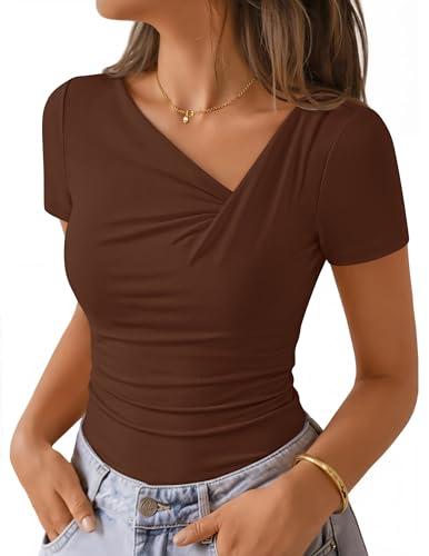ZESICA Womens Summer Asymmetrical T Shirts Ruched Fitted Y2K Going Out Tops 2026 Spring Fashion Outfits Casual Work Blouse, Brown, L