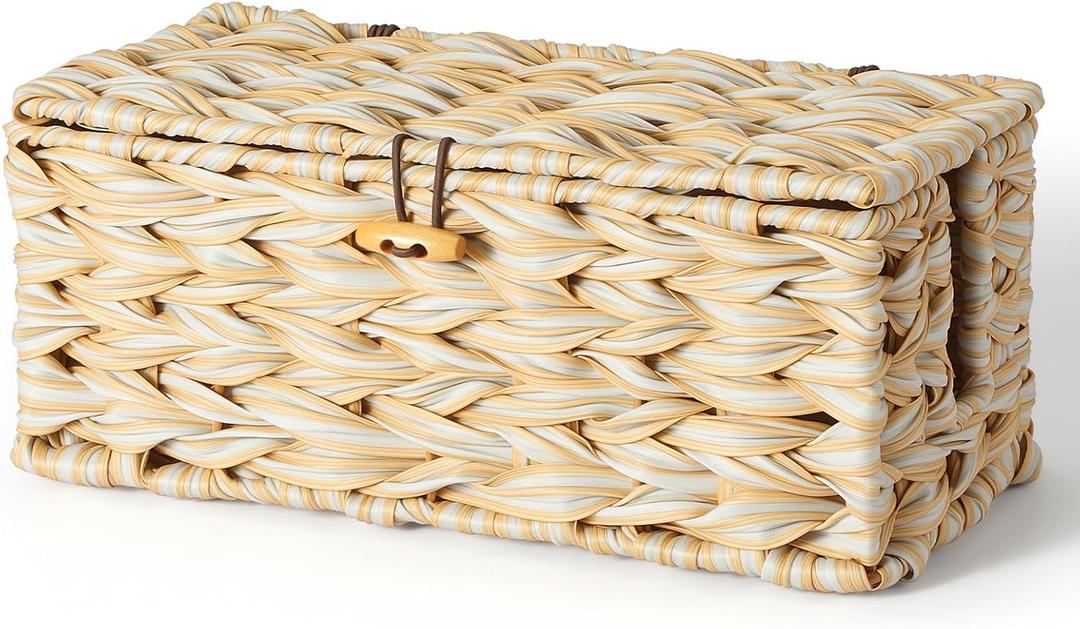 Delamu Handwoven Synthetic Rattan Cable Management Box, Flat Weave Desk Organizer with Wire Management, Multi Purpose Cord Hider Box, 12.5" Lx 5.3" Wx 5.3" H, Natural & White