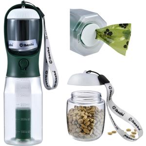 Dog Water Bottle with Food Container & Poop Bag Holder, Travel Water Bowl, Portable Pet Dispenser, Dog Stuff Accessories Items, Puppy Essentials Necessities for Yorkie Chihuahua Walking Hiking (20 Ounces, #07 Dark Green)