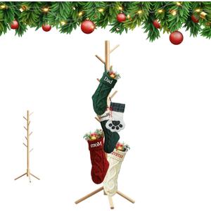 Christmas Stocking Holder Stand, Wooden Christmas Hangers Stand for Hanging Christmas Stocking, 8 Hooks Natural