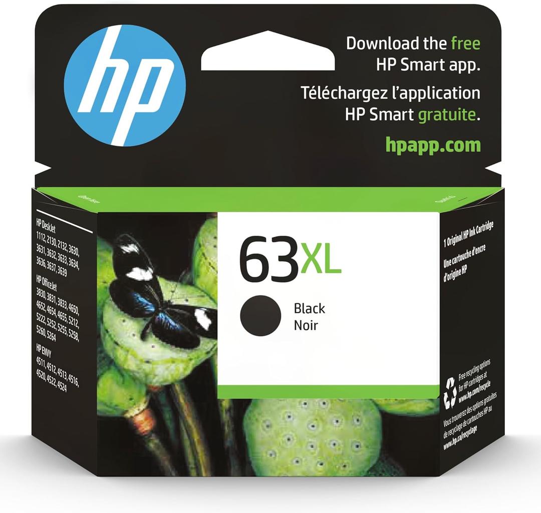HP 63XL Black High-Yield Printer Ink Cartridge Printers | Works with DeskJet 1112, 2130, 3630;Envy 4510, 4520; OfficeJet 3830, 4650, 5200 | Eligible for Instant Ink | F6U64AN