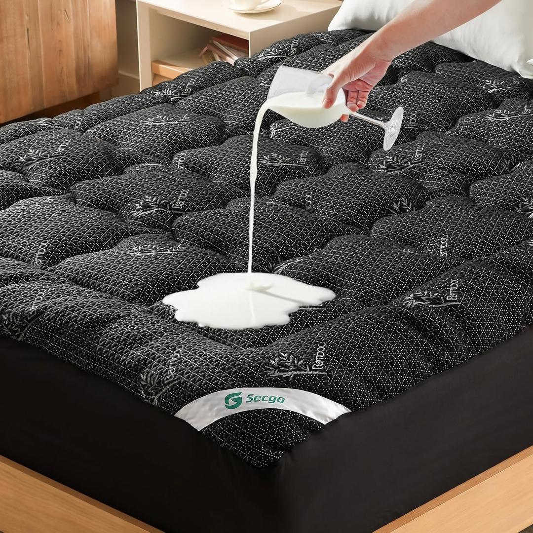 Premium 100% Waterproof Queen Mattress Topper, Breathable Mattress Pad, Rayon from Bambo Bed Protector, Deep Pocket Sheet Cover 8"-21" (Black)