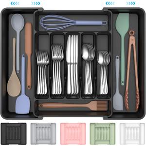 Extra Large Expandable Silverware Organizer, BPA-Free Food-Safe Cutlery Flatware Organizer, Kitchen Utensil Drawer Organizer, Adjustable Silverware Holder for Spoons Forks Knives, Black