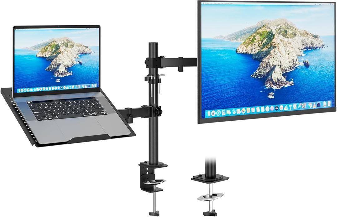 Redbat Monitor and Laptop Mount Stand, Fully Adjustable Monitor Arm with Vented Tray for 13" to 32" LCD Screens and Notebook up to 16", Holds up to 22lbs, VESA Compatible, Dual Mounting Options