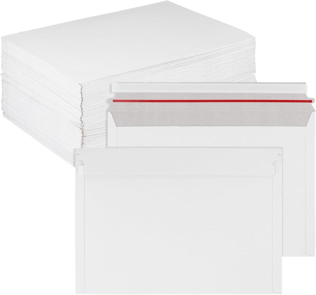 100 Pack A4 Stay Flat Rigid Mailers, 9 x 12 Inch Self Seal White Cardboard Envelopes for Shipping Photos, Documents, Collectibles, 300gsm