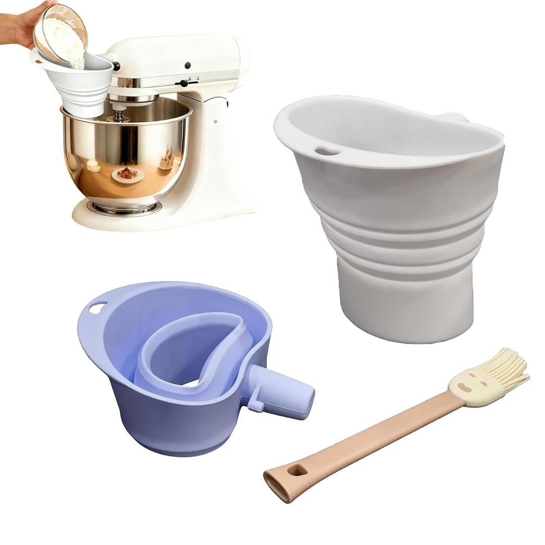 2 Pack Flour Funnel for KitchenAid Stand Mixer, Food Grade Silicone Funnel Attachment with Brush, Mess-Free Pouring Chute for Kitchen Aid Mixer 4.5-7Qt, Foldable Dishwasher Safe Baking Tool