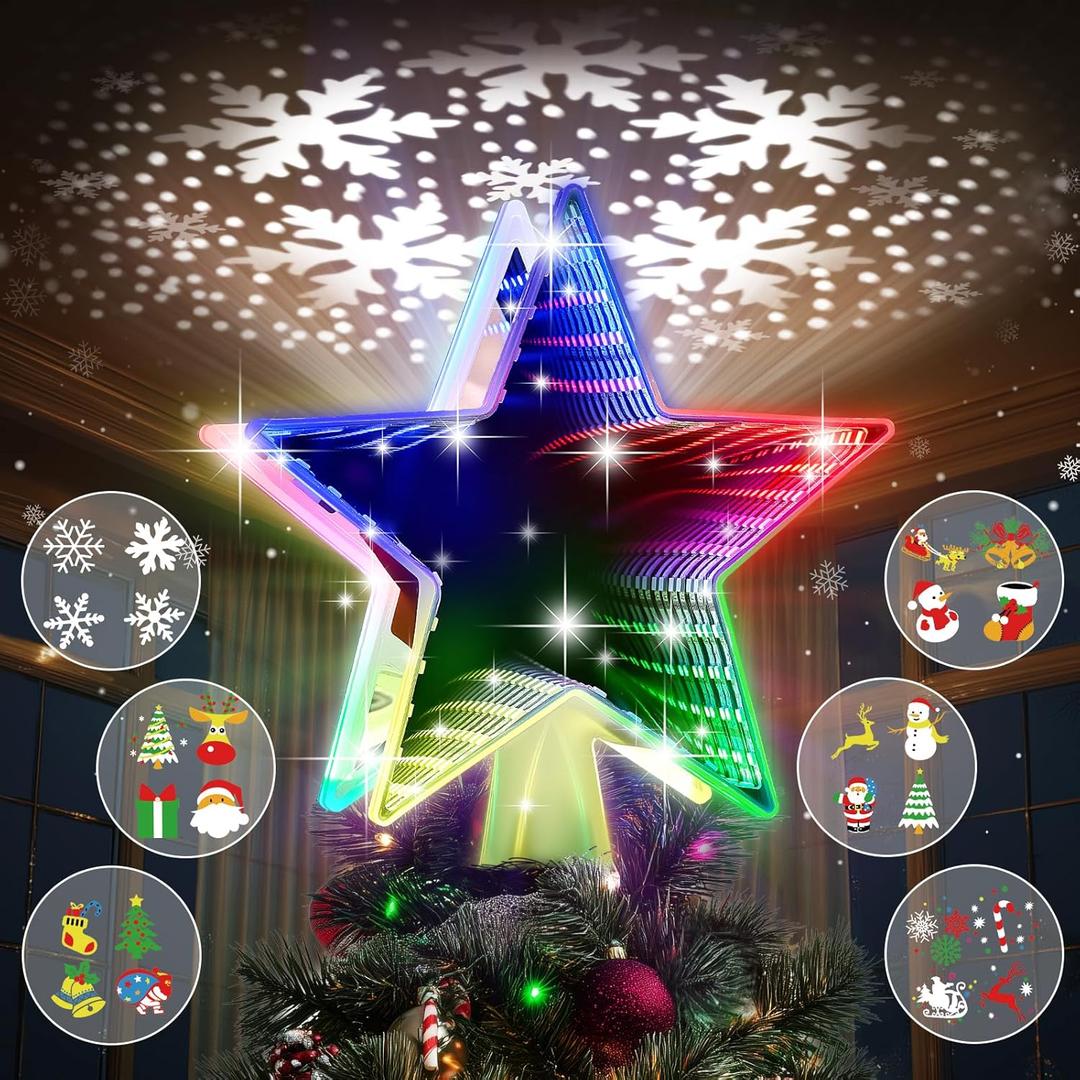 Christmas Tree Topper Star, Double Sided Tunnel Mirror 10 Inch 12 Lighting Modes, Built-in 6 Projected Patterns, 3D Glitter LED Rotating Lights for Party Holiday Xmas Decorations Gifts (Multicolour)