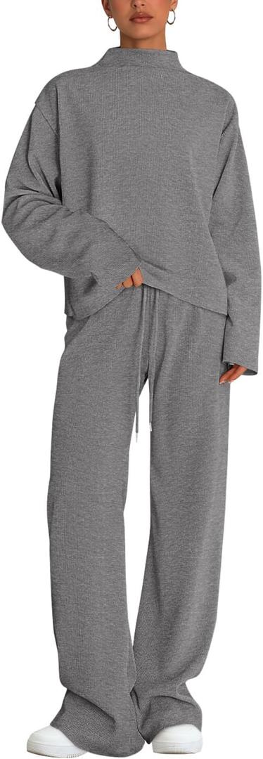 PRETTYGARDEN Two Piece Sets for Women Fall Sweatsuit Long Sleeve Knit Mock Neck Tops Wide Leg Pants Lounge Set Travel Outfits (Medium, Grey)