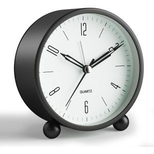 Analog Alarm Clock, 4 inch Super Silent Non Ticking Small Clock with Night Light, Battery Operated, Simple Design, Old Fashioned Style Black Decor, for Bedroom, Bedside, Desk, Adult, Kid, Gift, Black