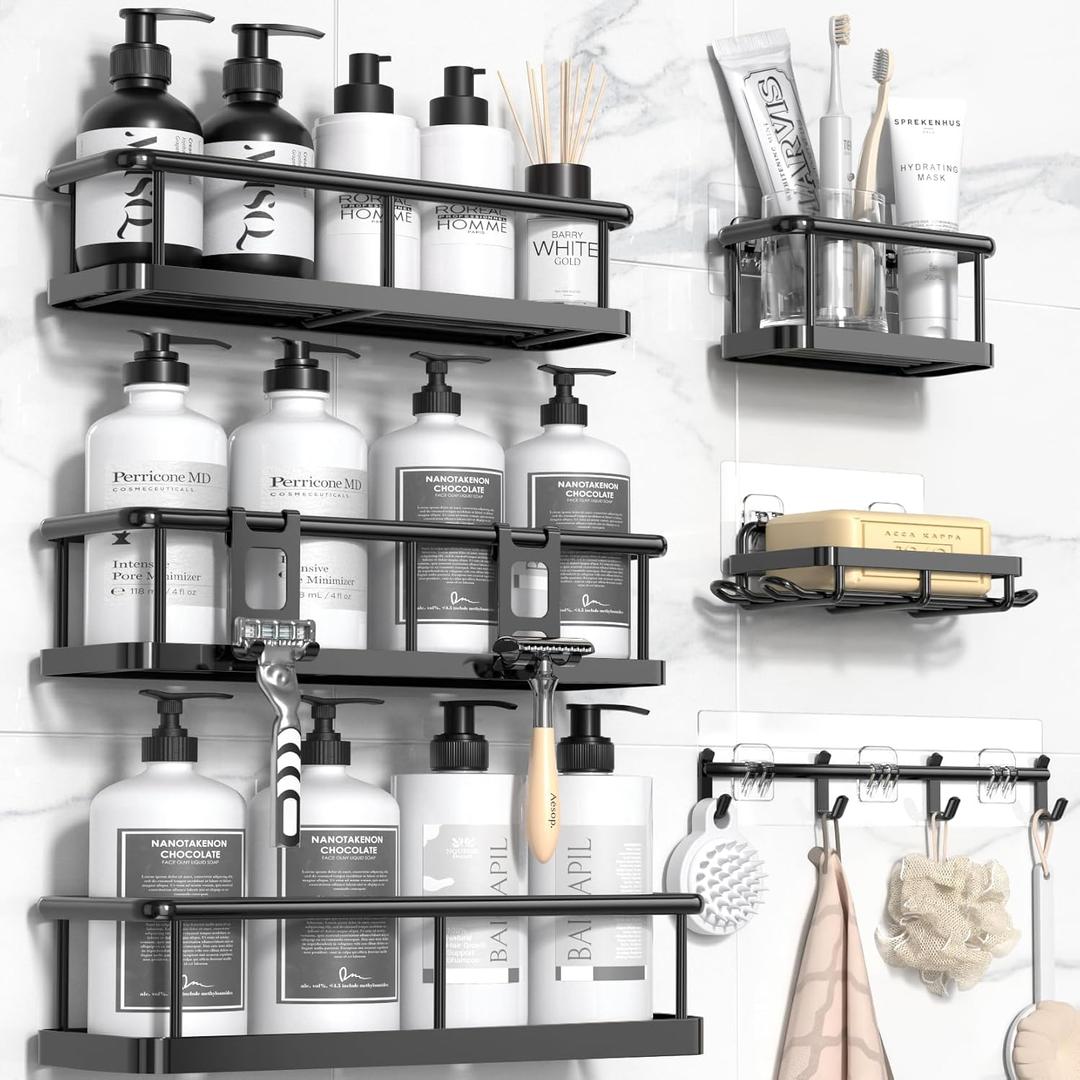 YASONIC Shower Caddy, 100% Rustproof Shelves for Inside Shower, No Drilling Bathroom Organizers and Storage, 6 Pack Large Capacity Bathroom Caddy for Kitchen & Home Decor (XL, Black)