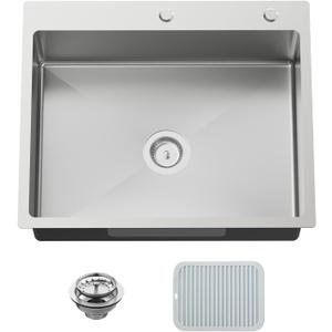 Kitchen And Bar Sink, 27x22 Inch Stainless Steel Drop In Modern Single Bowl Topmount Kitchen And Bar Sink Combo-Silicon Mat,Drain Strainer Set Compatibility With Various Kitchen&Bar Style, 27x22x9 inches