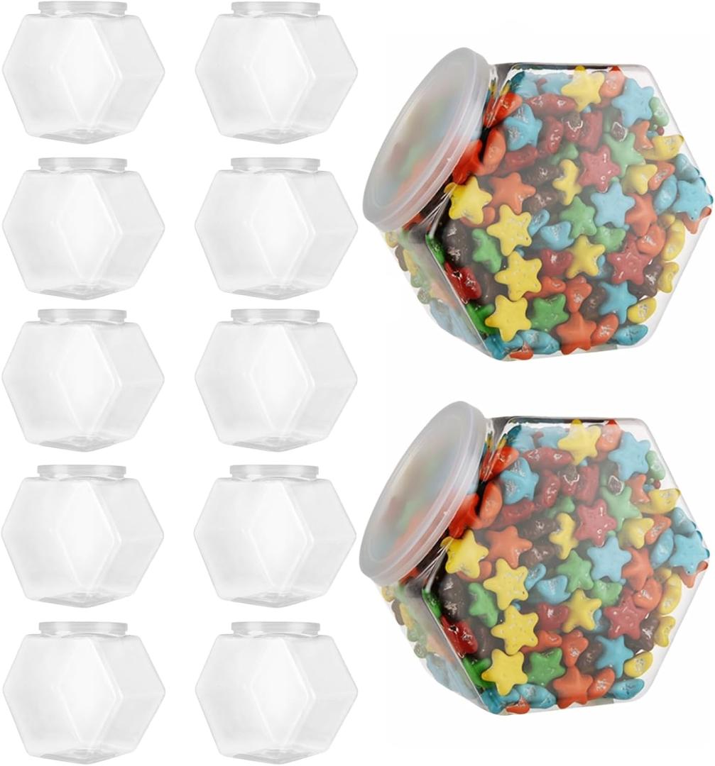12 Pack 30oz Plastic Candy Jars with Lids, Hexagon Candy Jars, Plastic Cookie Jars Kitchen Storage Containers Reusable for Snacks, Cookie, Coffee Pod