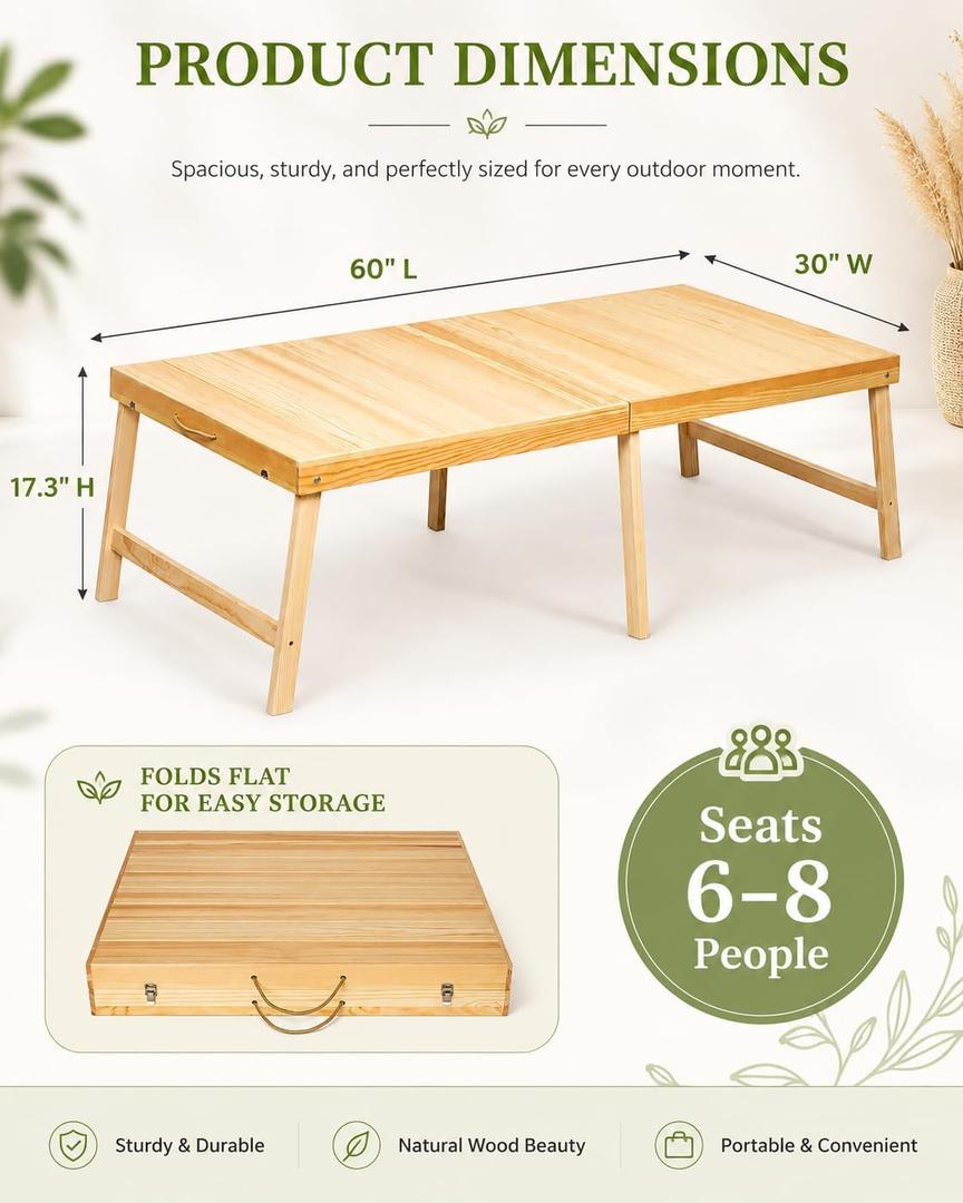 Boho Wooden Folding Picnic Table 60"x30" Low Portable Outdoor Camping Table, 60" x 30" x 16"