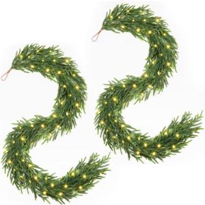 2 Pcs Prelit Christmas Norfolk Pine Garland with Lights, 6FT Battery Operated Real Touch Artificial Green Garlands for Table, Mantle, Stairs, Fireplace, Indoor & Outdoor Xmas Decorations