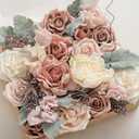 Ling's moment Fake Flowers Box, Faux Artificial Greenery Stems Foam Roses Silk Peonies Fabic Flower for Centerpieces Bouquet Wedding Vase Decorations, Dusty Rose & Cream & Flocked Leaves, Grand Combo