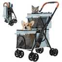 Double Pet Stroller for Dogs and Cats, One-Hand Folding Dog Stroller Travel Carriage for Small Medium Dogs Cats, 4 Wheels, Blue