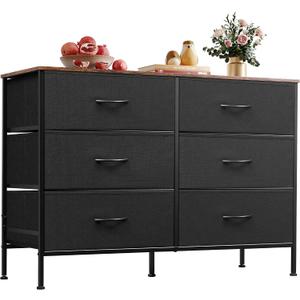 WLIVE Black Dresser for Bedroom with 6 Drawers, Dresser TV Stand for 50 Inches TV with Metal Frame, Wooden Top, Fabric Dresser for Closet, Hallway, Entryway, Black and Rustic Brown