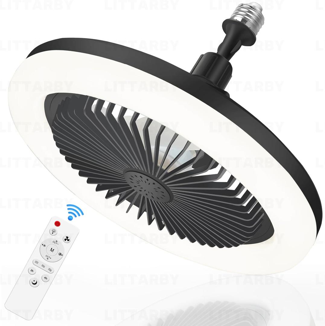 Socket Fan Light with Remote Control, 3 Colors 3000K-6500K Dimmable LED Light Bulb Fan Screw in Ceiling Fan for Bedroom, Kitchen, Storage Room, Closet, Wireless Small Ceiling Fans with Lights - Black