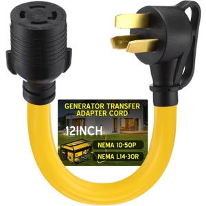 Tellegloww NEMA 10-50P to L14-30R 30 Amp Generator Transfer Switch Adapter Cord, 50Amp 3 Prong Old Dryer Outlet to 4 Prong Generator Locking Plug Adapter, STW 10 AWG, 1FT, ETL Listed