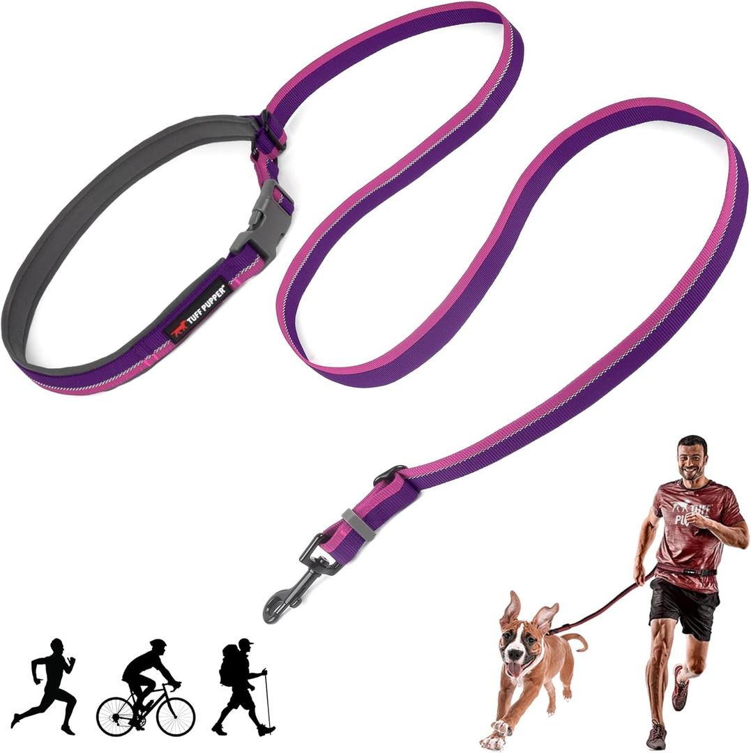 Tuff Pupper Hands Free Adjustable Length Dog Leash | Lightweight for Running Jogging Walking | Padded Waist Belt (24-50 inch) | Adjusts 3 to 6 Feet Length | Strong Ballistic Nylon w/Reflective Strips (Punch Purple)