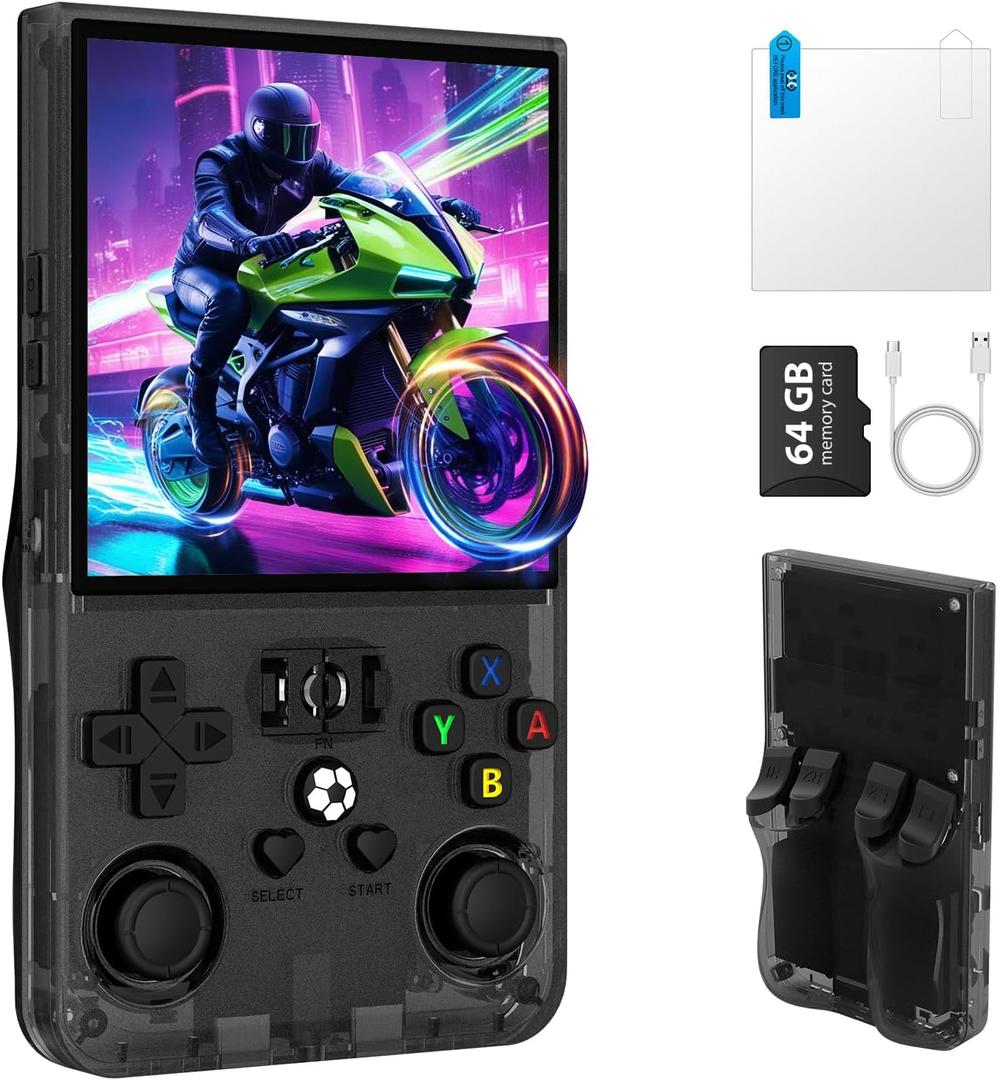 R36MAX Retro Handheld Game Console, Portable Retro Gaming Console 4.0'' IPS HD Screen and Linux System, Support 30+ Emulator and 64GB TF Card Video Game Consoles, 4000mAh Battery (Black 64GB)