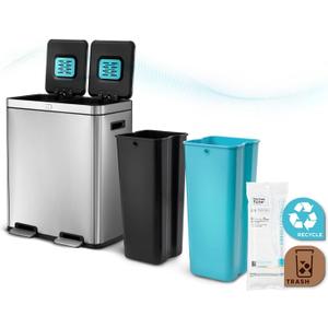 Home Zone Living 16 Gallon Kitchen Trash Can with Dual Compartments for Recycling, CleanAura Odor Control, Stainless Steel, Silver, 60 Liters Total