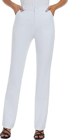 Women's Stretchy Straight Leg Dress Work Pants Business Office Casual Slacks with Pockets, White, Size:12"x26", 14
